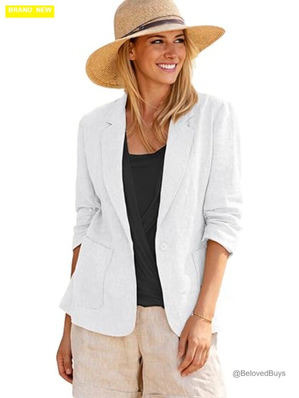 Women's Linen Blend Blazer - Lightweight 3/4 Sleeve Casual Work Jacket